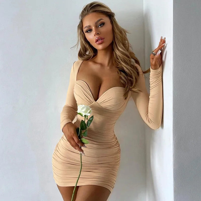 Woman wearing ruched mini dress
