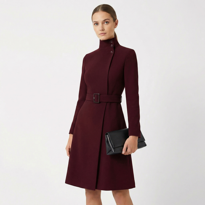 Woman wearing elegant belted midi dress