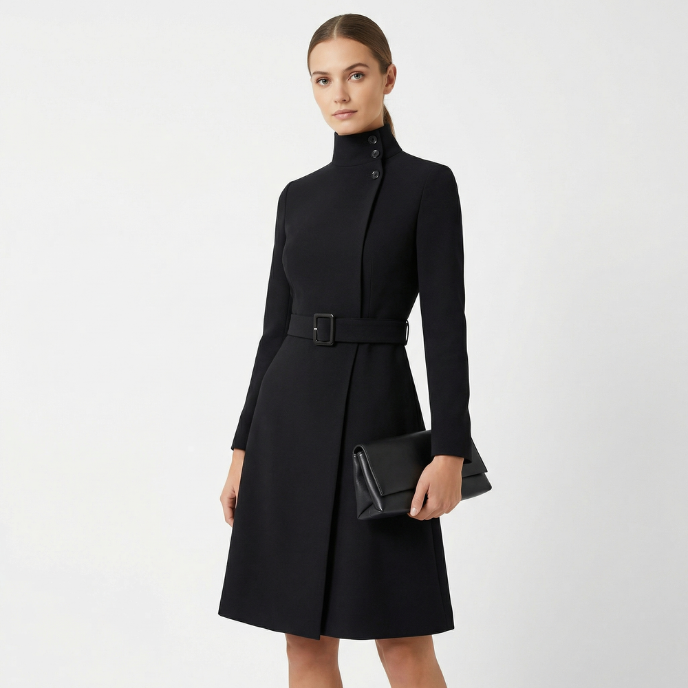 Woman wearing elegant belted midi dress