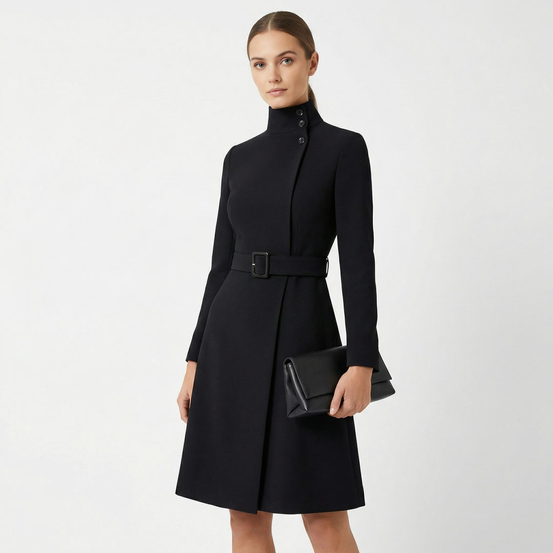 Woman wearing elegant belted midi dress