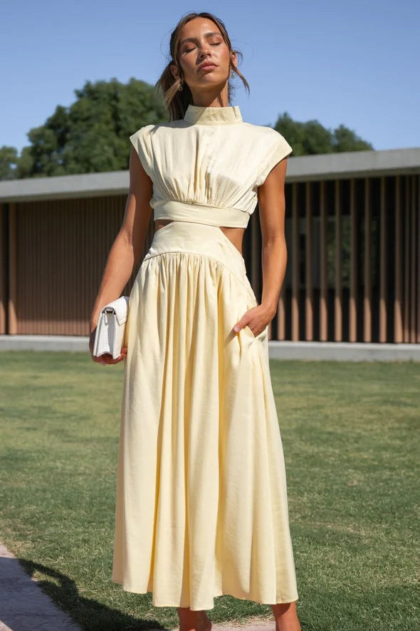 Woman wearing elegant maxi dress