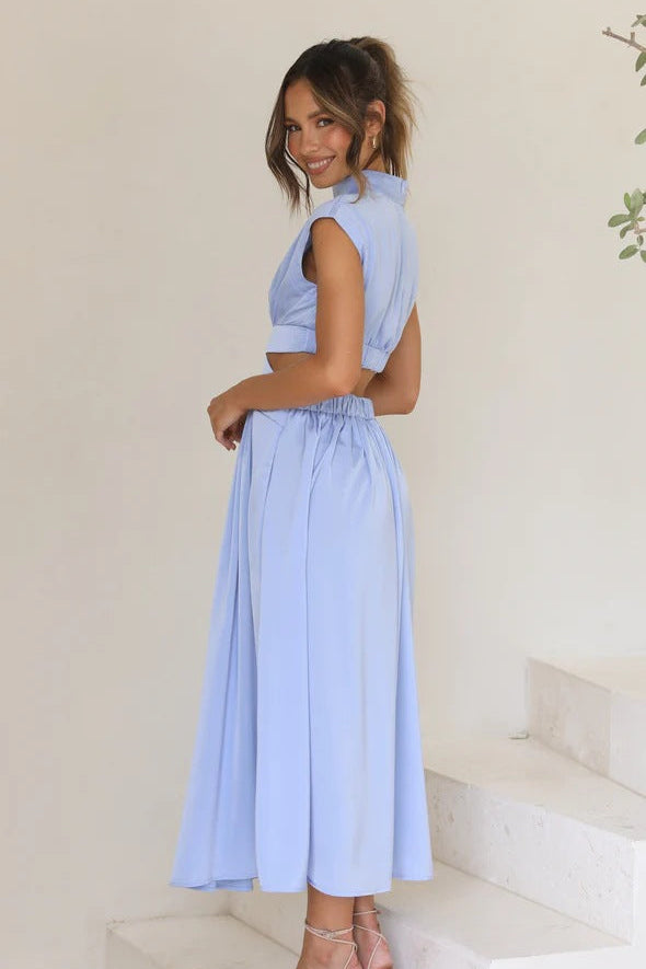 Woman wearing elegant maxi dress