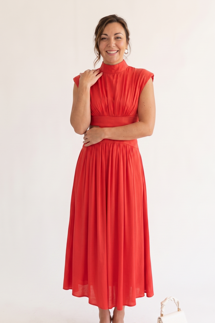 Woman wearing elegant maxi dress