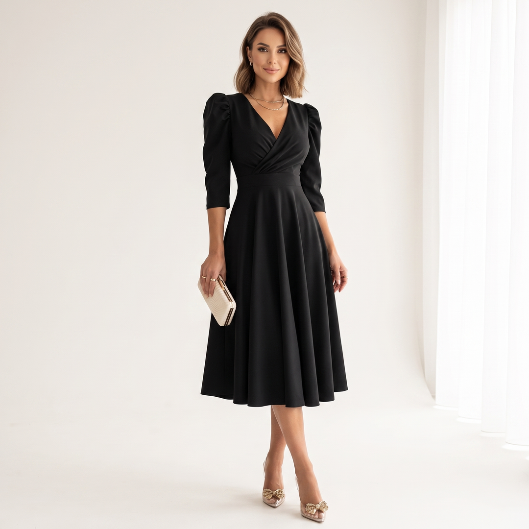 Woman wearing elegant wrap midi dress