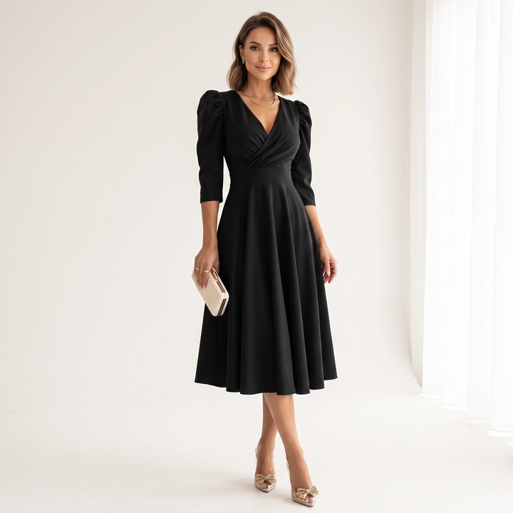 Woman wearing elegant wrap midi dress