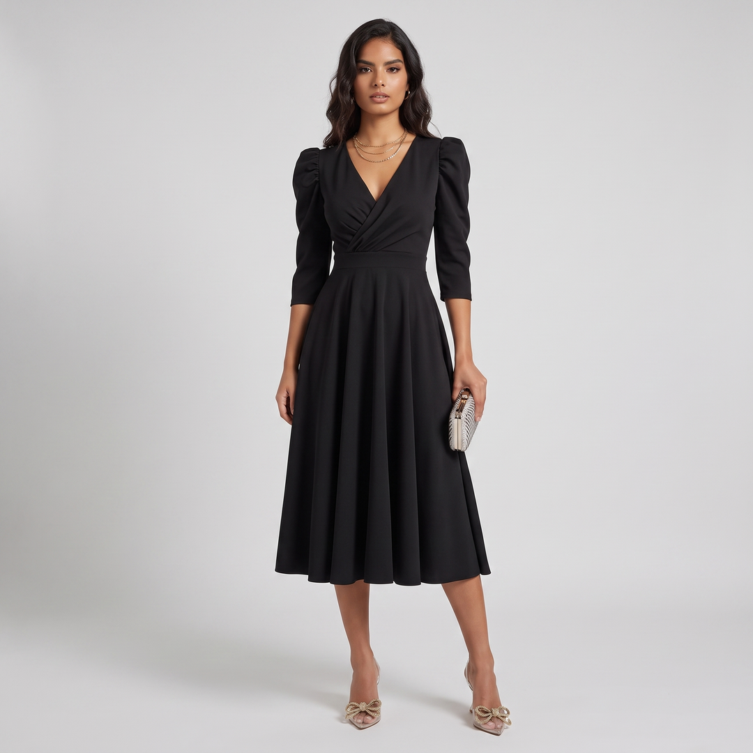 Woman wearing elegant wrap midi dress