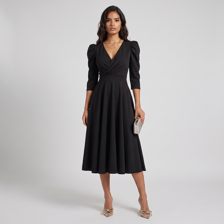 Woman wearing elegant wrap midi dress
