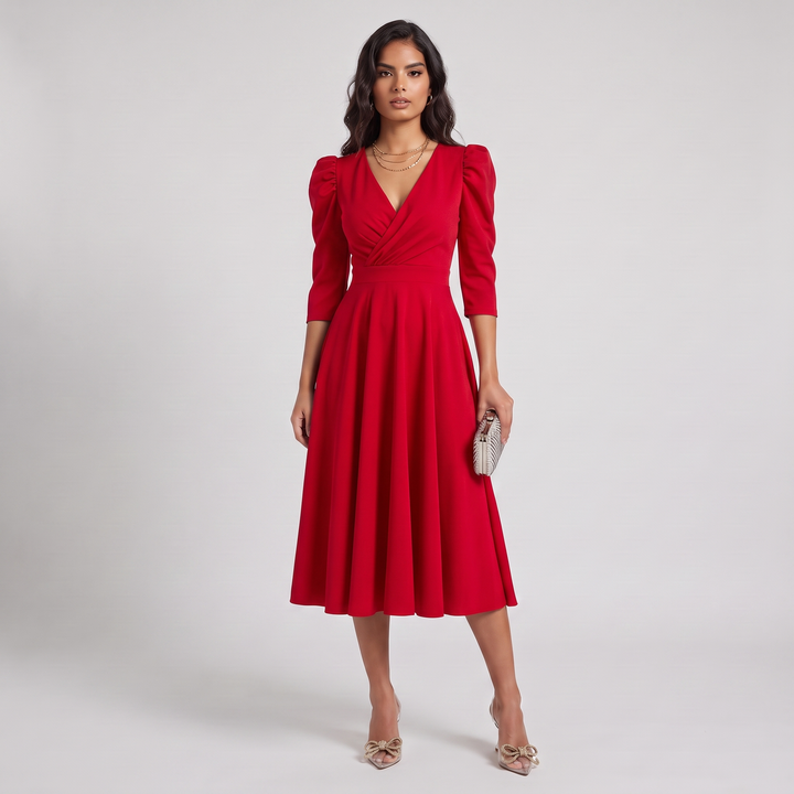 Woman wearing elegant wrap midi dress