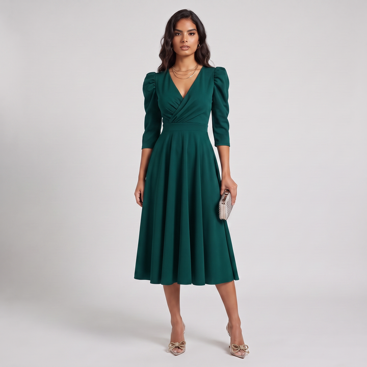 Woman wearing elegant wrap midi dress