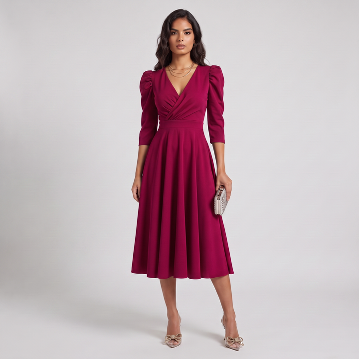 Woman wearing elegant wrap midi dress