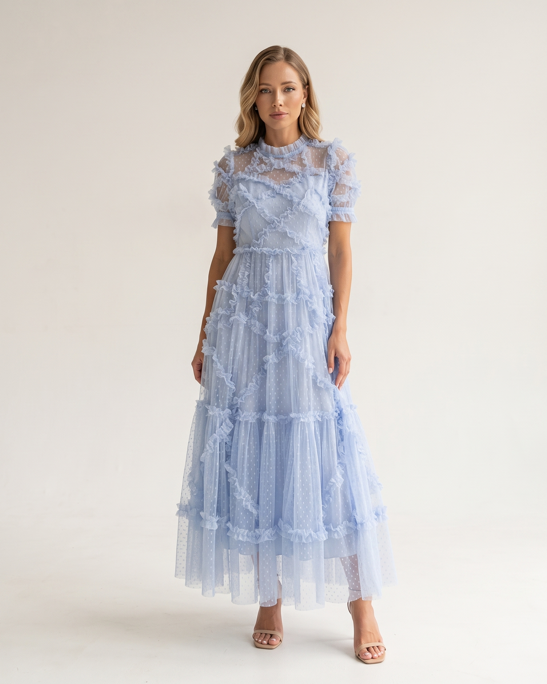 Woman wearing romantic ruffle maxi dress