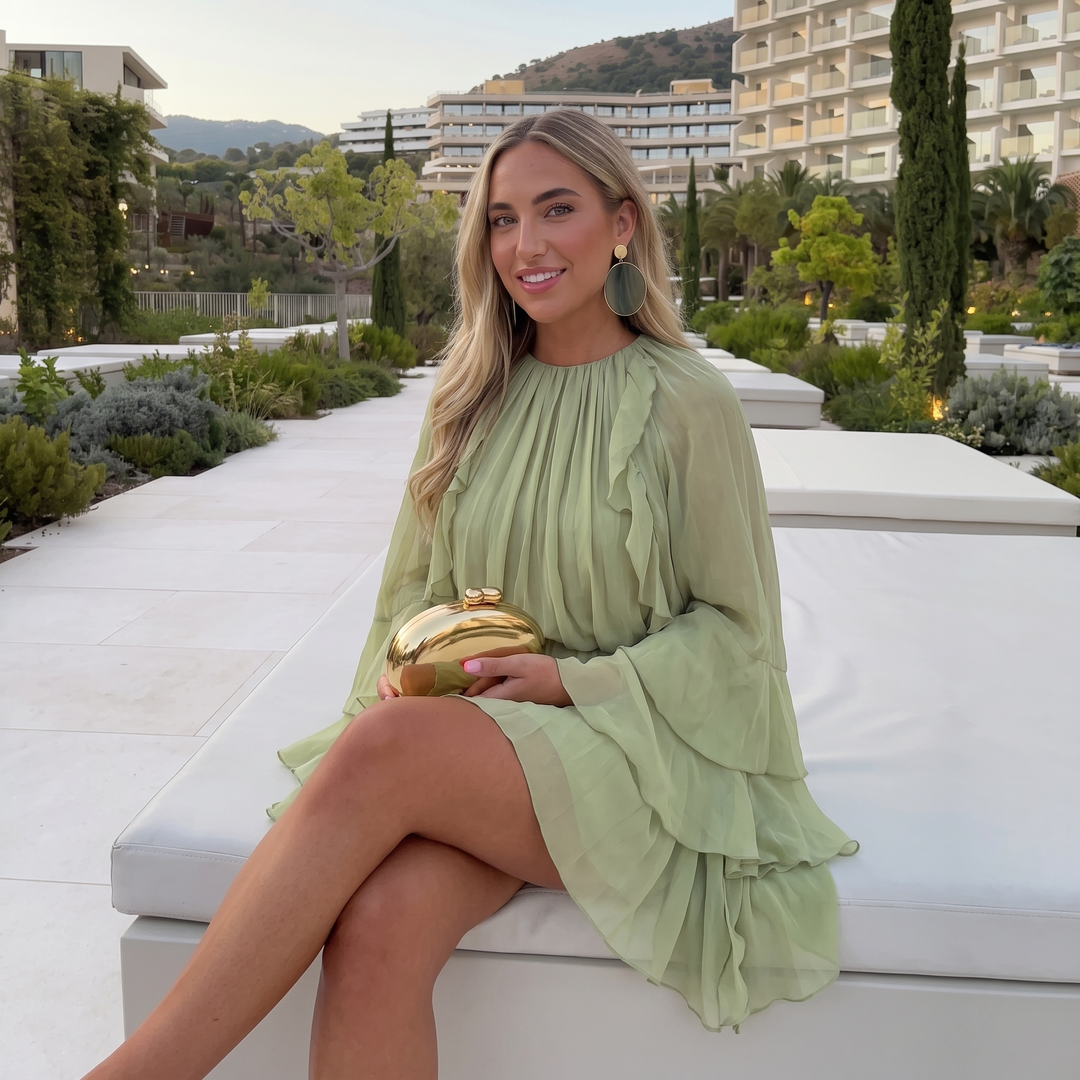 Woman wearing ruffled chiffon midi dress with flowing sleeves