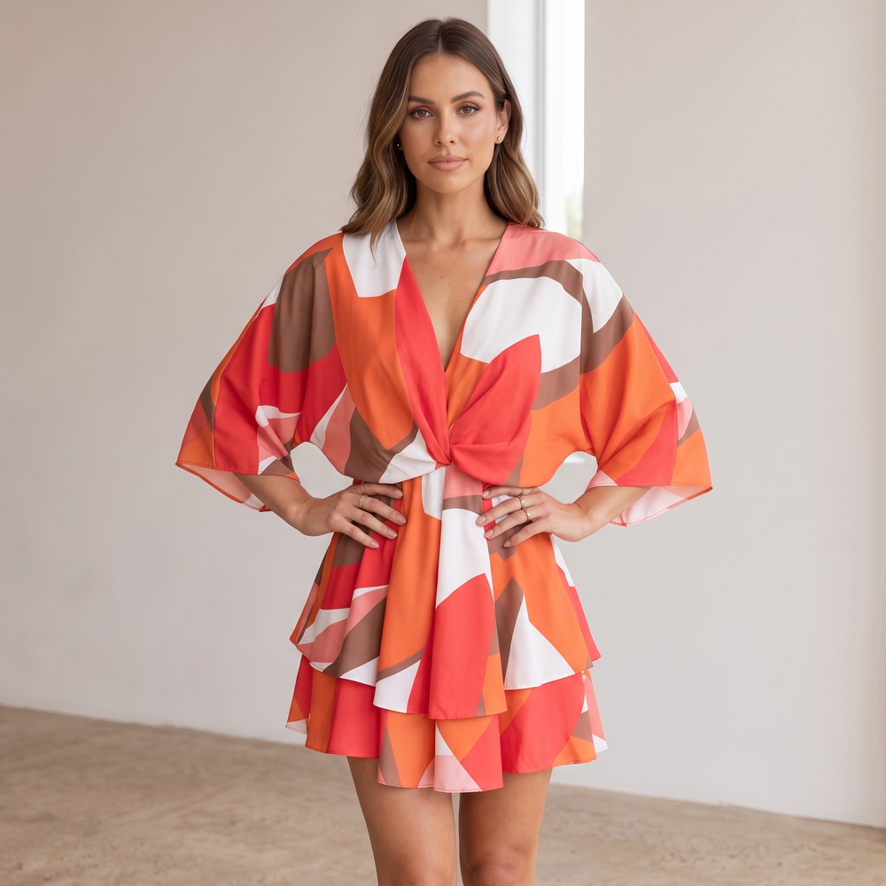 Woman wearing vibrant ruffle mini dress