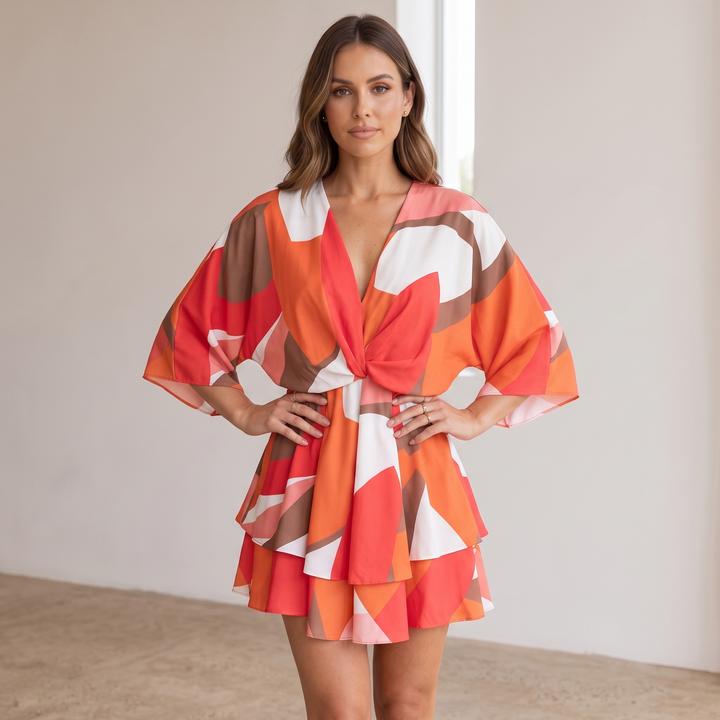 Woman wearing vibrant ruffle mini dress
