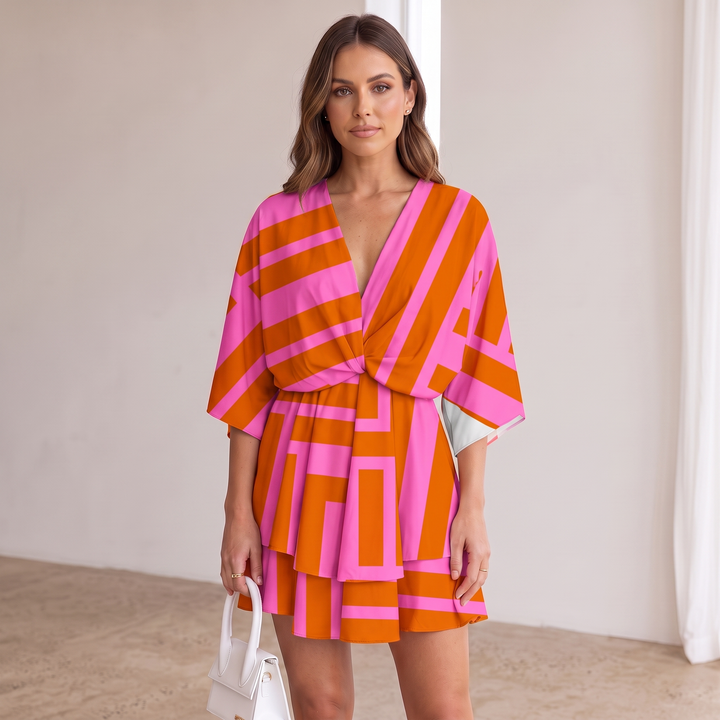 Woman wearing vibrant ruffle mini dress