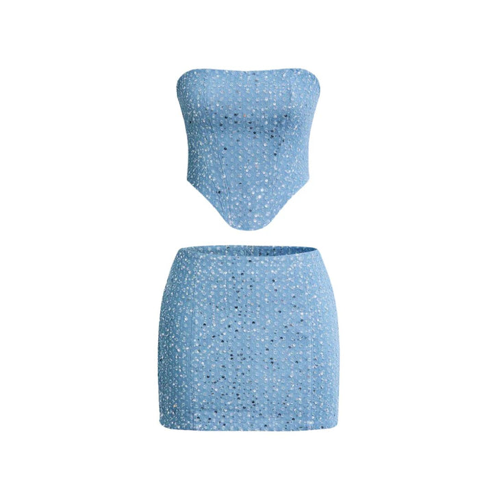 Armelle Vaudrey sparkly sequin strapless corset top and matching mini skirt set in washed blue