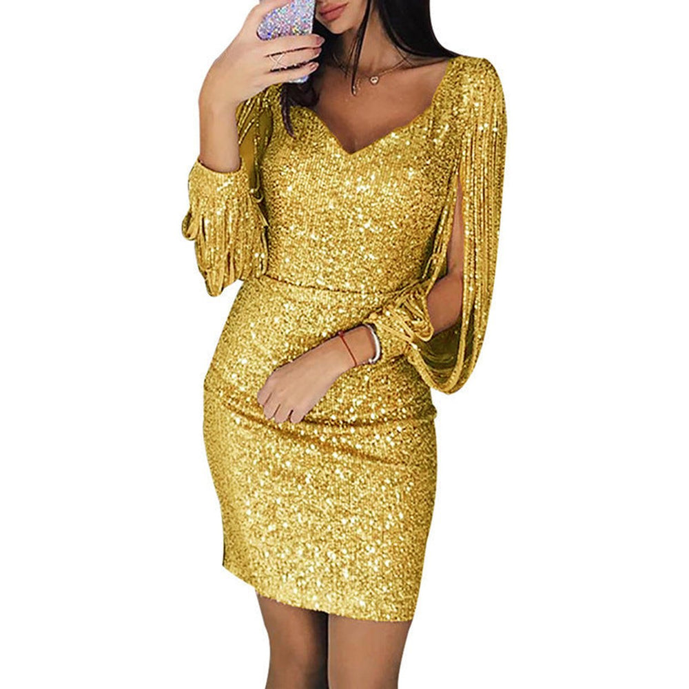 Bastienne Verdelet gold sequin bodycon mini dress with split tassel fringe sleeves and a soft V neckline