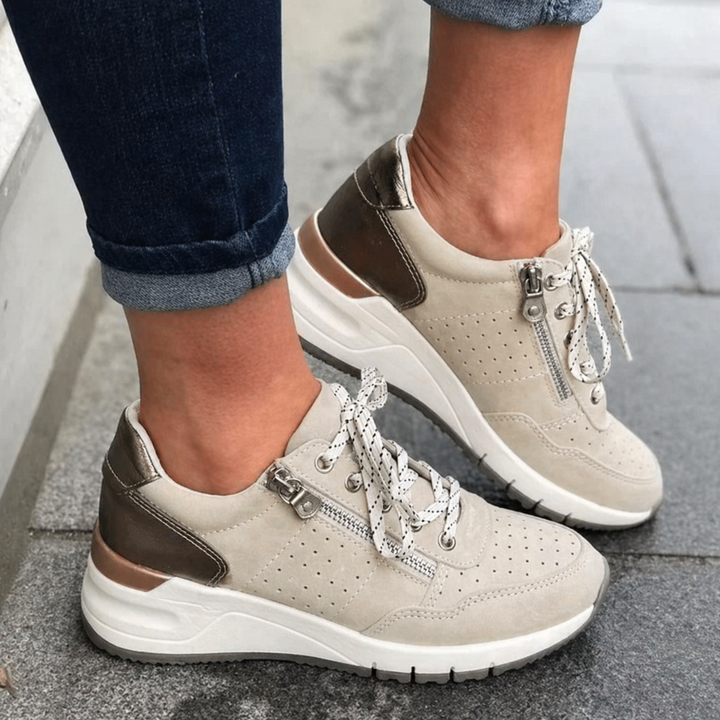 Blandine Fresnel | Metallic Trim Zip Wedge Sneakers - Image 3