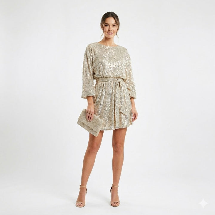 Woman wearing sparkling sequin mini dress with waist tie detail