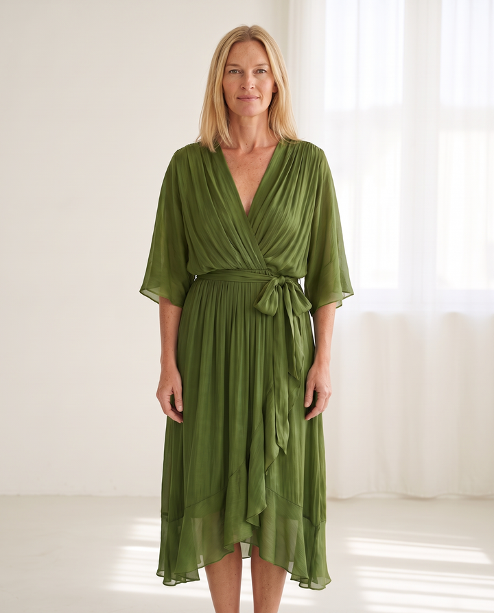 Woman wearing elegant wrap maxi dress