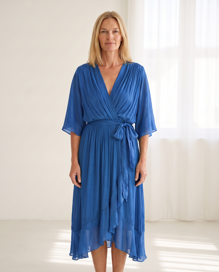 Woman wearing elegant wrap maxi dress