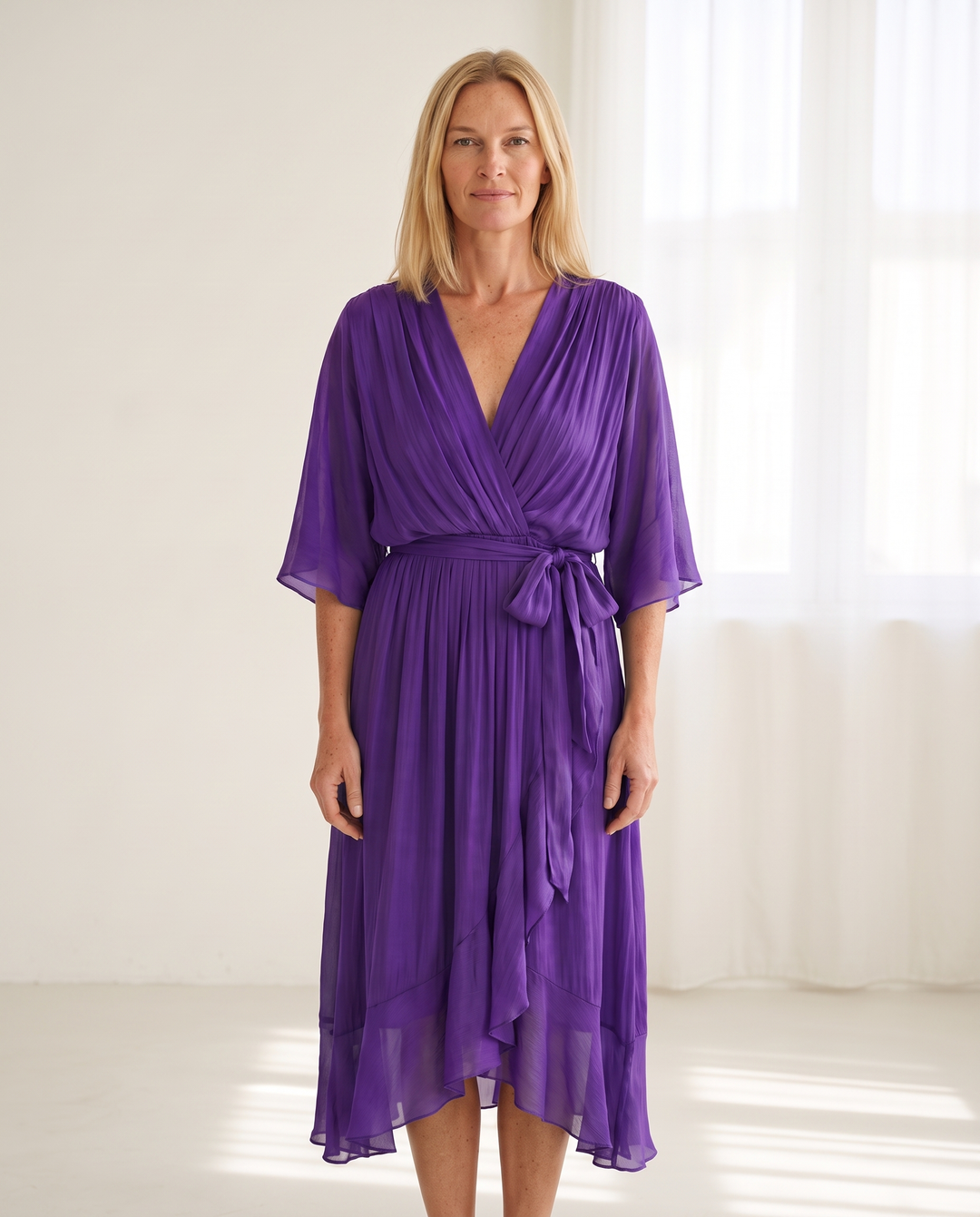 Woman wearing elegant wrap maxi dress