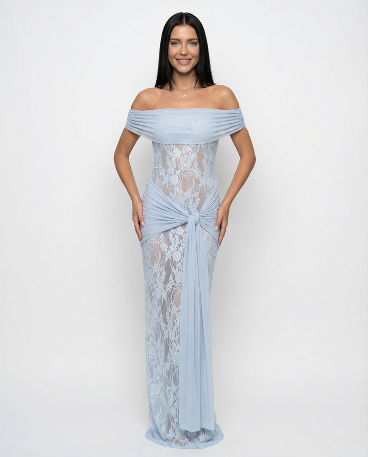 Woman wearing off-shoulder lace maxi dress