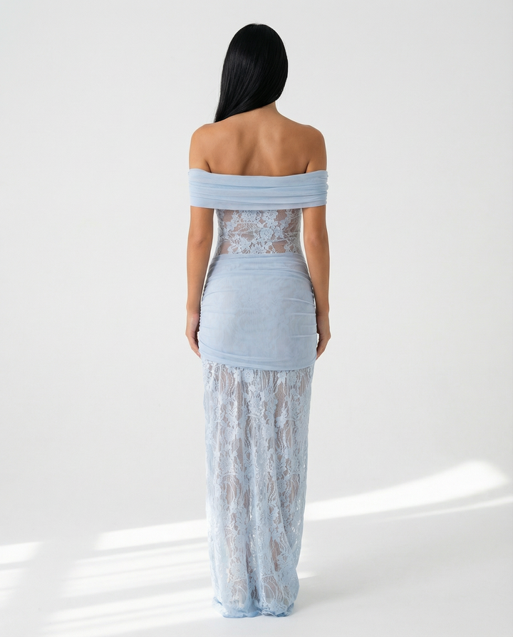 Woman wearing off-shoulder lace maxi dress