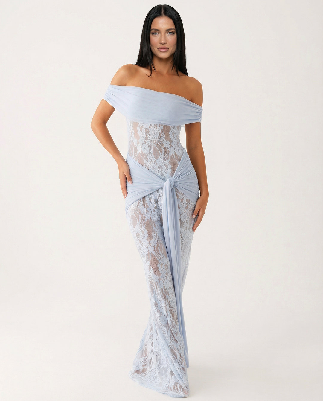 Woman wearing off-shoulder lace maxi dress