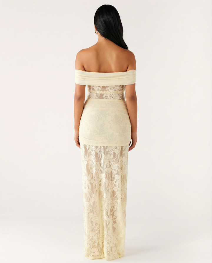 Woman wearing off-shoulder lace maxi dress