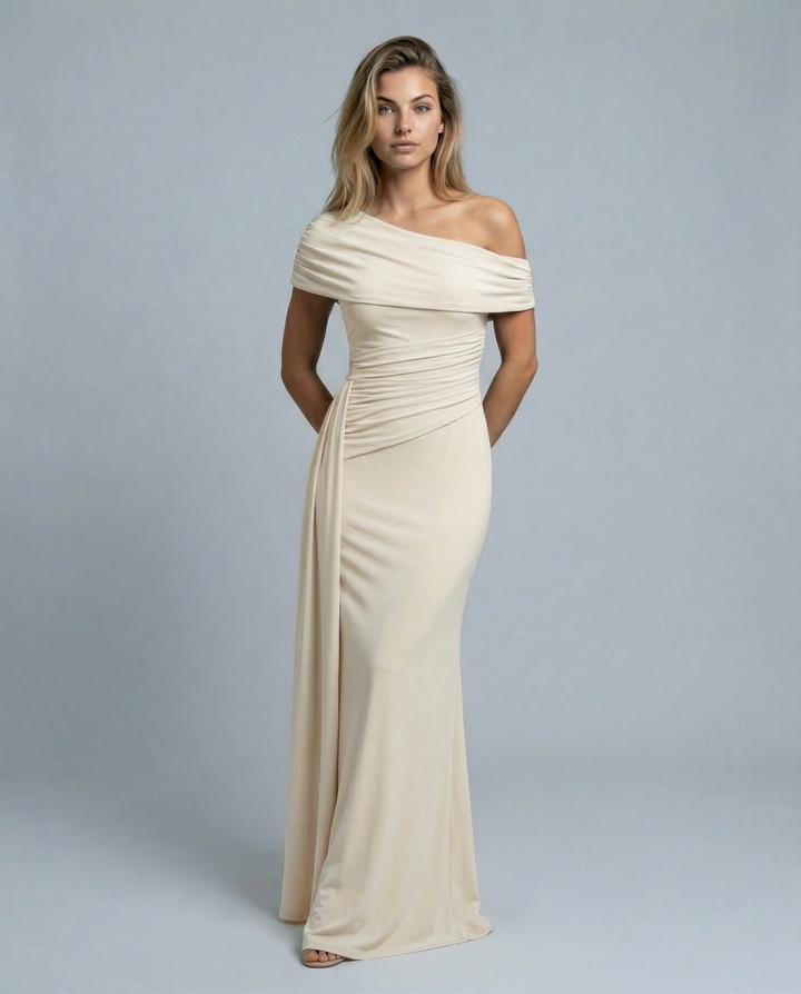 Woman wearing elegant off shoulder maxi dress