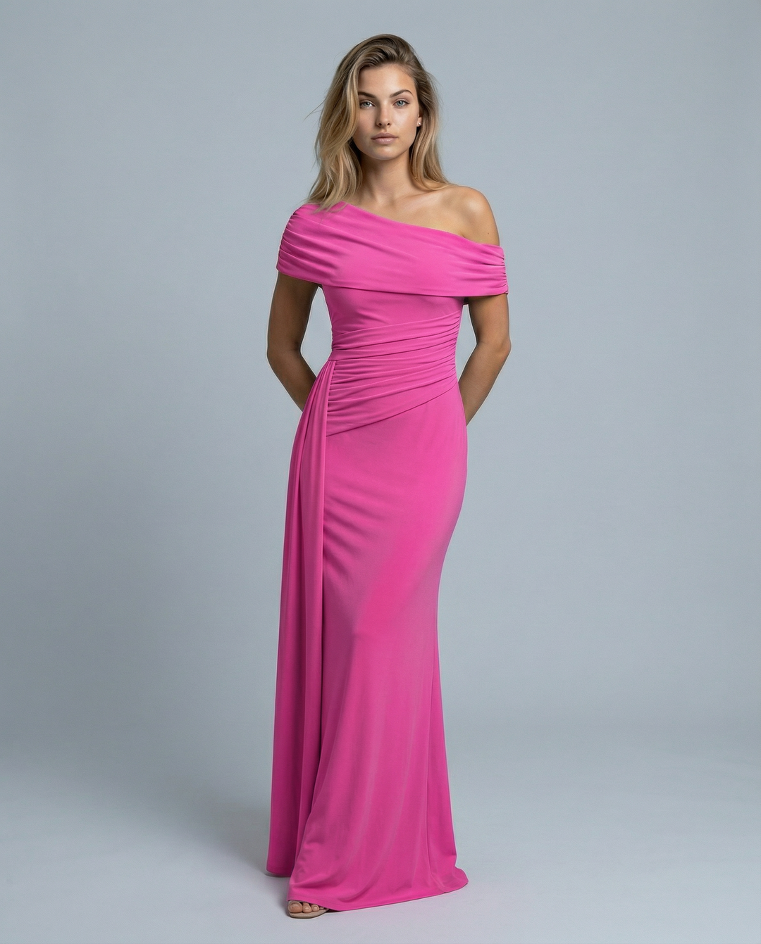 Woman wearing elegant off shoulder maxi dress