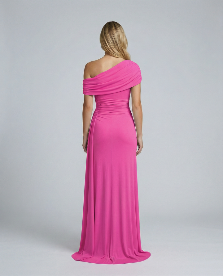 Woman wearing elegant off shoulder maxi dress