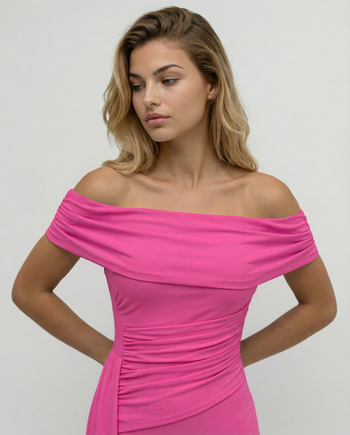 Woman wearing elegant off shoulder maxi dress