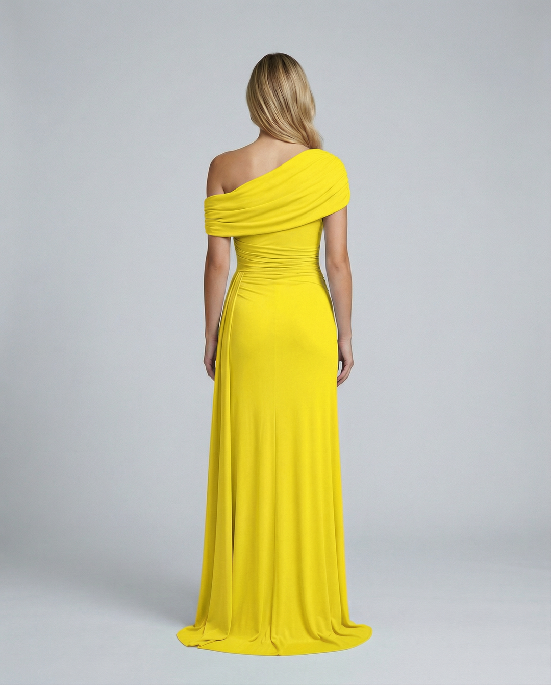 Woman wearing elegant off shoulder maxi dress