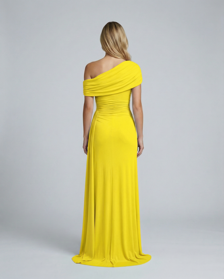 Woman wearing elegant off shoulder maxi dress