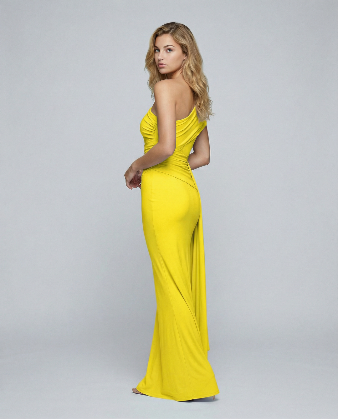 Woman wearing elegant off shoulder maxi dress