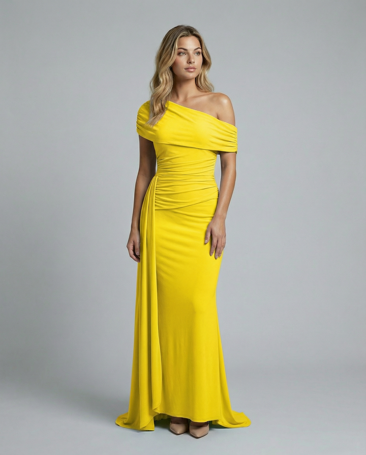 Woman wearing elegant off shoulder maxi dress