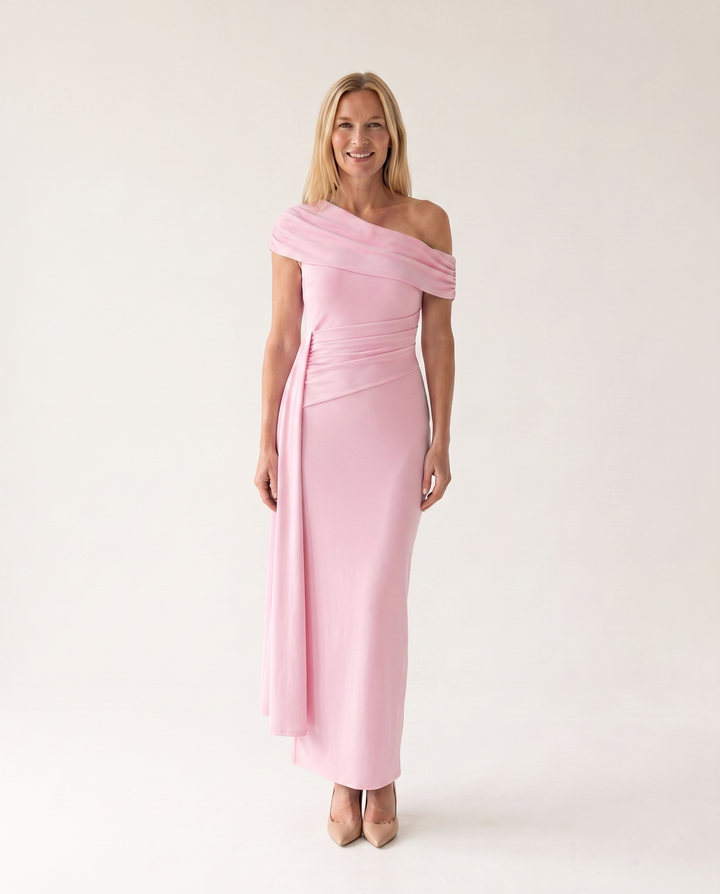 Woman wearing elegant off shoulder maxi dress