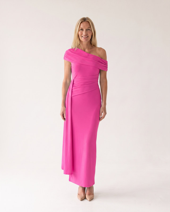 Woman wearing elegant off shoulder maxi dress