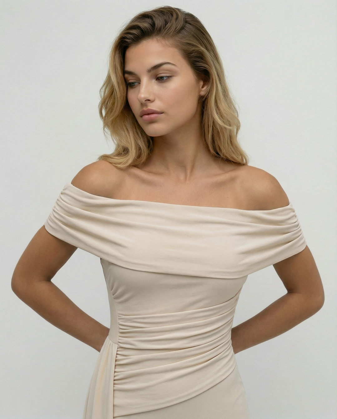 Woman wearing elegant off shoulder maxi dress