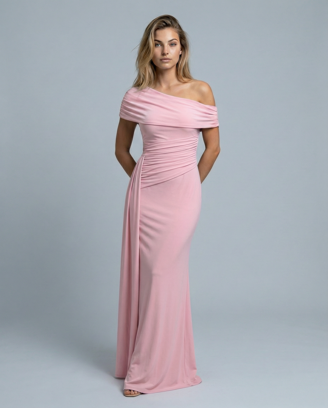 Woman wearing elegant off shoulder maxi dress