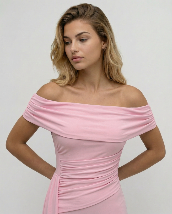 Woman wearing elegant off shoulder maxi dress