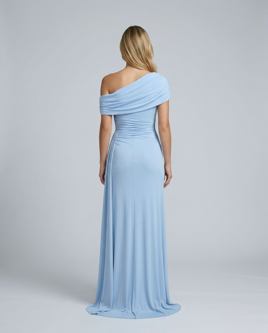 Woman wearing elegant off shoulder maxi dress