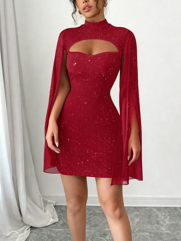 Coralie Marsollier glitter mini dress with sheer cape sleeves, keyhole cutout and high mock neck