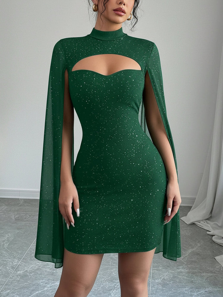 Coralie Marsollier glitter mini dress with sheer cape sleeves, keyhole cutout and high mock neck