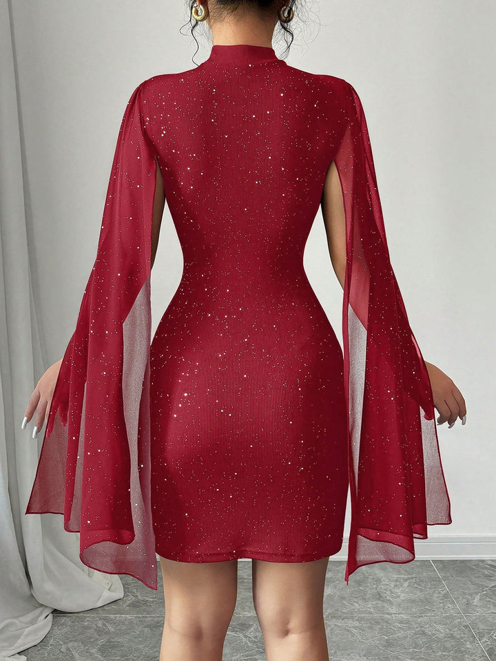 Coralie Marsollier glitter mini dress with sheer cape sleeves, keyhole cutout and high mock neck