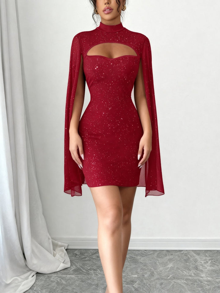 Coralie Marsollier glitter mini dress with sheer cape sleeves, keyhole cutout and high mock neck