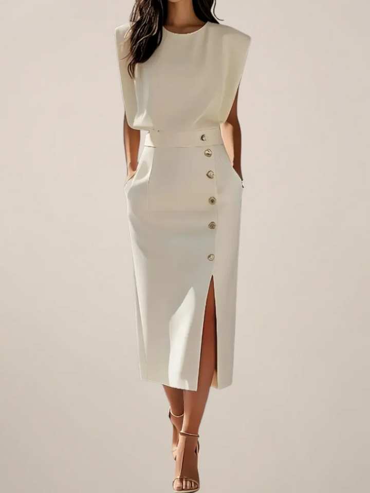 Cosette Delrieu | Belted Button-Front Midi Dress - Image 1