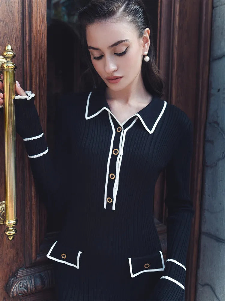 Woman wearing elegant ribbed maxi dress with timeless luxury